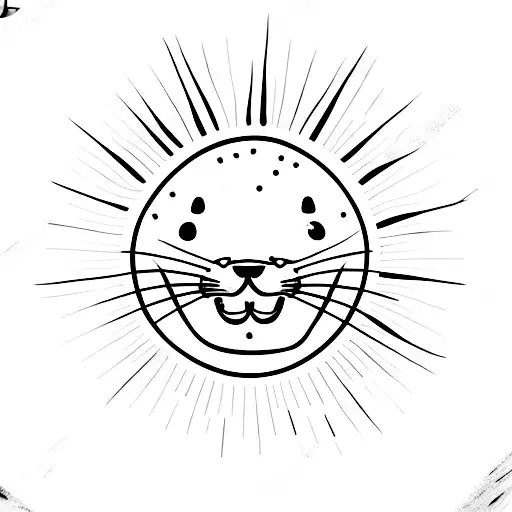 A minimalist tattoo of a smiling cat surrounded by sun rays, representing your favorite things - nature, your furry friend, and bringing smiles to people's faces. tattoo design idea