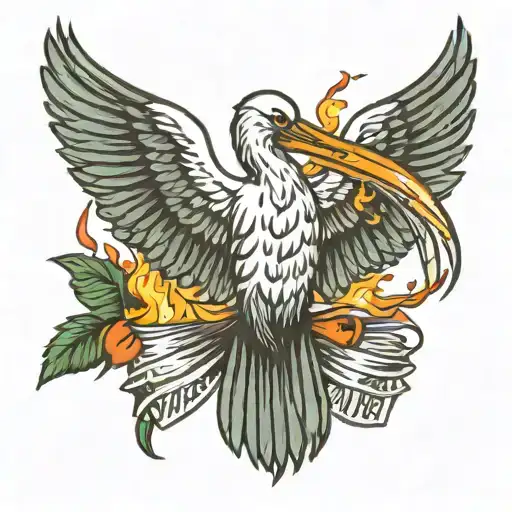 ibis behind a trash fire with it's wings to the sky with the text "Surviving, not thriving"  tattoo design idea