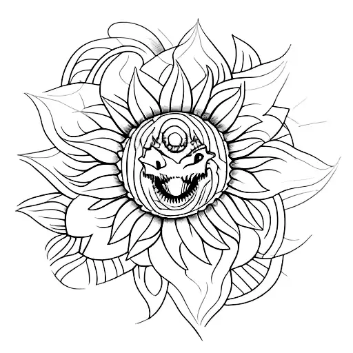 A minimalistic tattoo of a Jurassic Park logo with a sunflower incorporated in the design. tattoo design idea