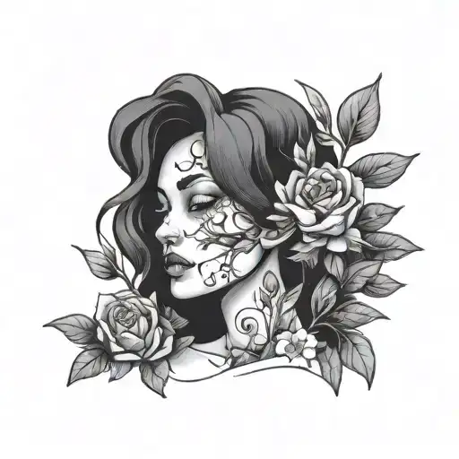 axious woman crying with flowers growing turning from organic tattoo design idea