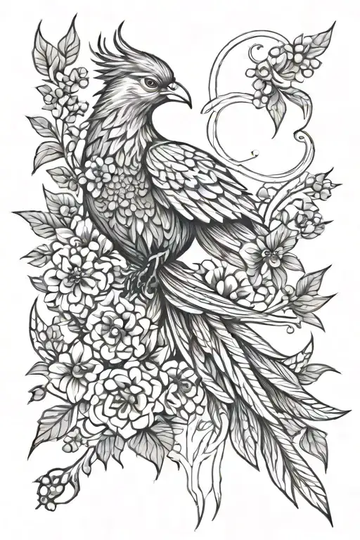 feminine phoenix with larkspur flowers intertwined tattoo design idea