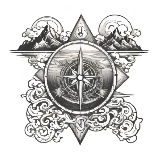 mountains, ocean waves, trees, and compass intertwined tattoo design idea