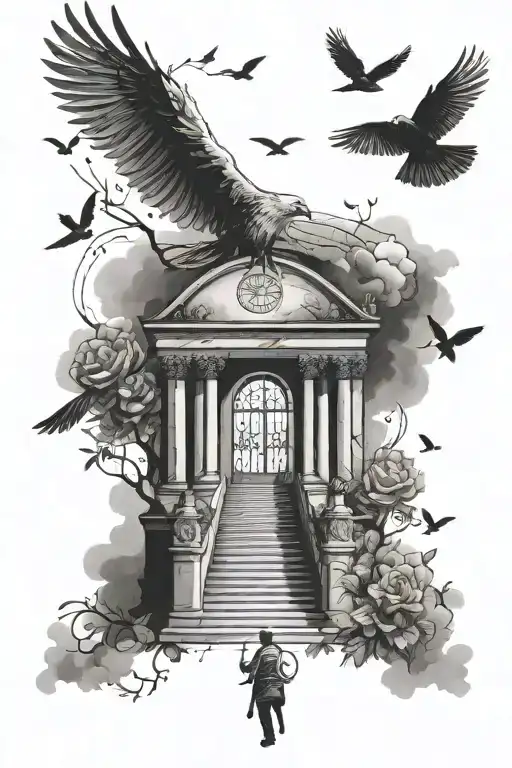 heaven gates on shoulder with birds flying and someone walking up the stairs, with the date August 4th, 2019 under it tattoo design idea
