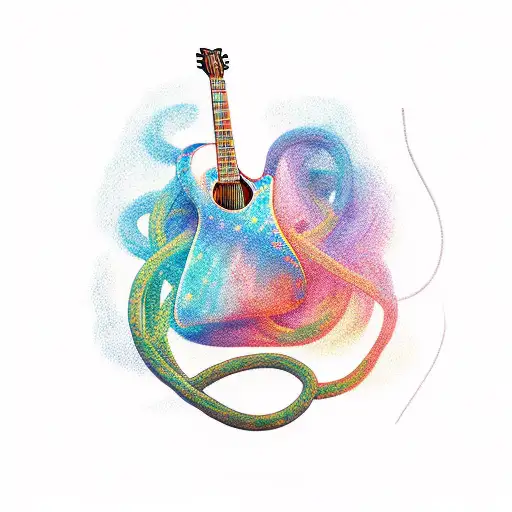 A guitar with nature-inspired elements intertwined in its strings tattoo design idea