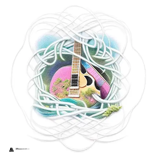A guitar with nature-inspired elements intertwined in its strings tattoo design idea