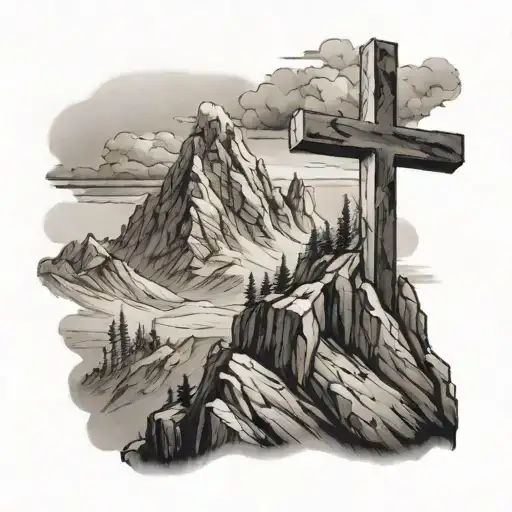 a cross on top of a big mountain  tattoo design idea