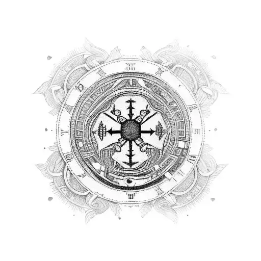 A detailed Vegvisir surrounded by intricate woodwork patterns tattoo design idea
