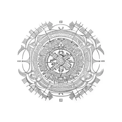 A detailed Vegvisir surrounded by intricate woodwork patterns tattoo design idea