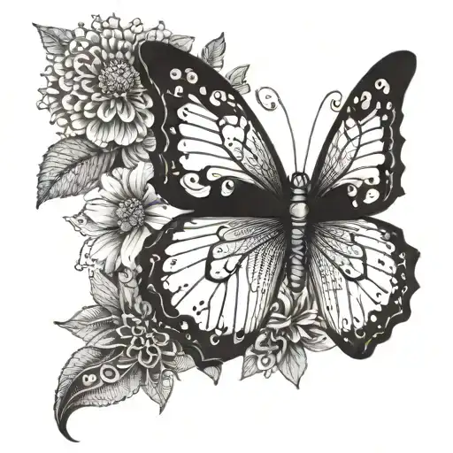 A blackwork tattoo of a majestic butterfly perched on a blooming flower, surrounded by intricate dotwork details tattoo design idea