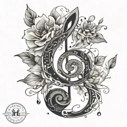 A black-grey tattoo of a whimsical music note made of delicate flower petals, with a hidden hiking trail winding through the design tattoo design idea
