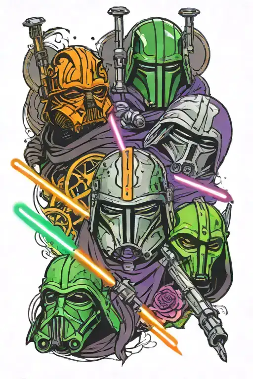 3 starwars light sabors, one green, one orange, one purple tattoo design idea