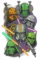 3 starwars light sabors, one green, one orange, one purple tattoo design idea