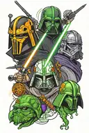 3 starwars light sabors, one green, one orange, one purple tattoo design idea
