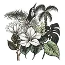 (females (full leg sleeve tattoo design))(realistic) different plants(palms, Joshua tree, monstera, baobabs), intermingl tattoo design idea