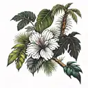 (females (full leg sleeve tattoo design))(realistic) different plants(palms, Joshua tree, monstera, baobabs), intermingl tattoo design idea