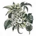 (females (full leg sleeve tattoo design))(realistic) different plants(palms, Joshua tree, monstera, baobabs), intermingl tattoo design idea