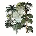 (females (full leg sleeve tattoo design))(realistic) different plants(palms, Joshua tree, monstera, baobabs), intermingl tattoo design idea