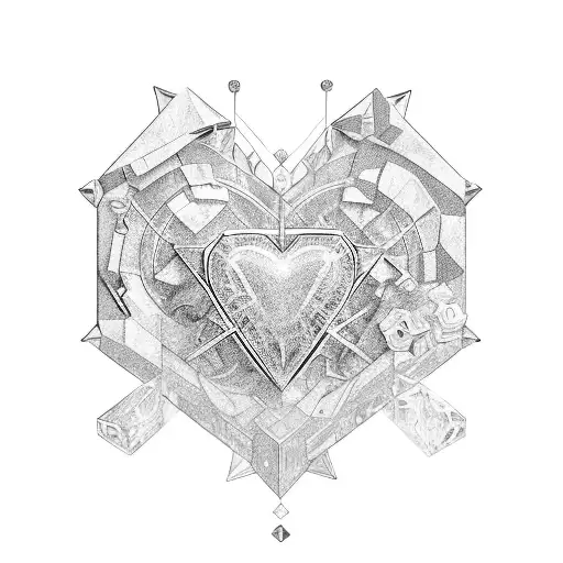 ruby crystal heart surrounded by black cyber sigilism and a bow at the bottom tattoo design idea