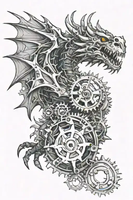 Design a mechanical dragon inspired by engineering elements, such as gears and cogs, to represent the client's occupation tattoo design idea
