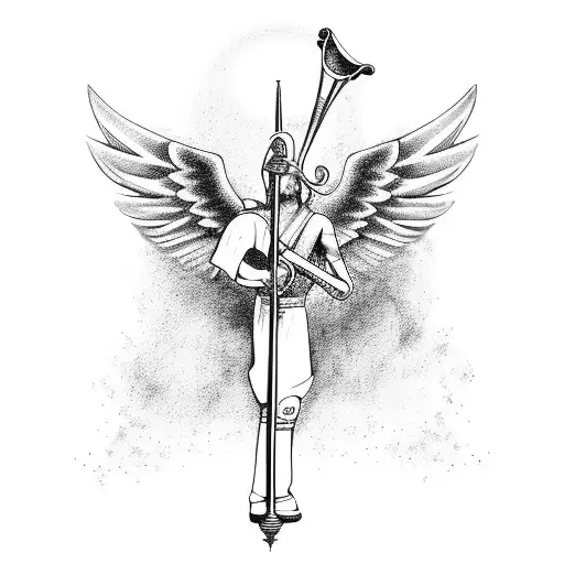 standing angel with a trumpet in his right hand and a sword in his left hand tattoo design idea