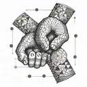 Two fists bumping with intricate geometric patterns intertwined tattoo design idea