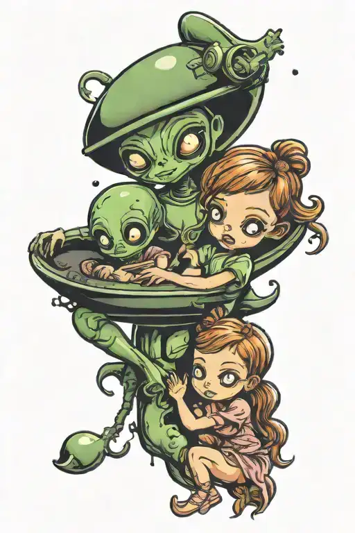 alien ufo abducting two little girls  tattoo design idea