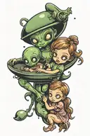 alien ufo abducting two little girls  tattoo design idea