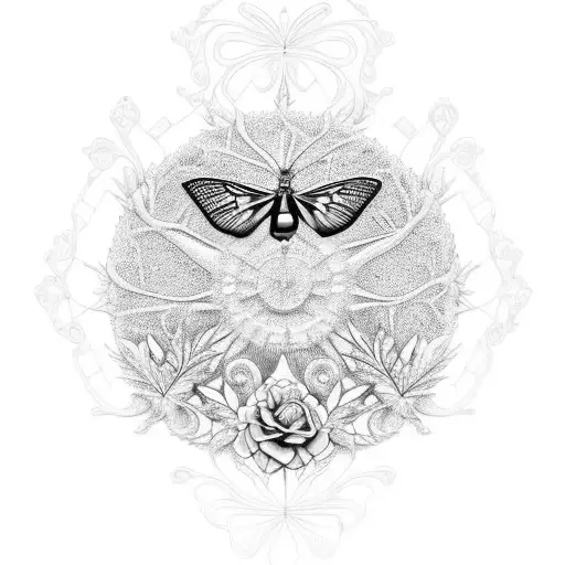 Un árbol con intrincados mecanismos de reloj como ramas y mariposas que revolotan a su alrededor tattoo design idea