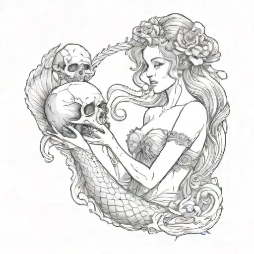 mermaid with a human skull in her hands, Victorian style, vintage tattoo design idea