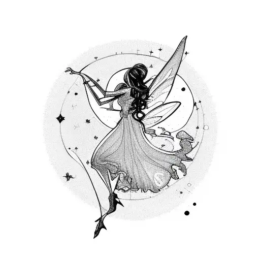 A sketchy silhouette of a fairy dancing among swirling star patterns tattoo design idea