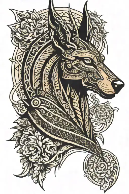 Anubis, the Egyptian god of death, depicted in a Nordic style with a wolf companion tattoo design idea