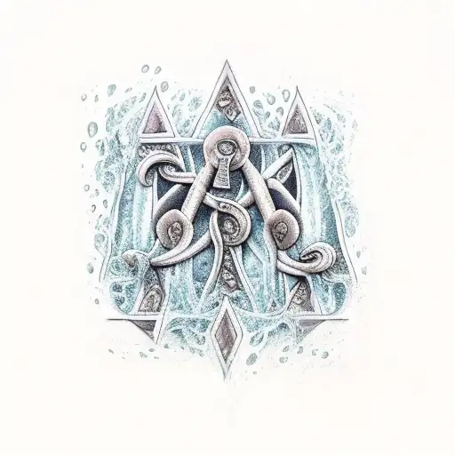 Trident, ancient cumbling ruins, water dripping from ruins, waves, water tattoo design idea