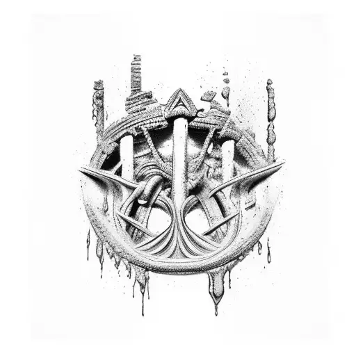 Trident, ancient cumbling ruins, water dripping from ruins, waves, ancient greece, parthenon, ruins tattoo design idea
