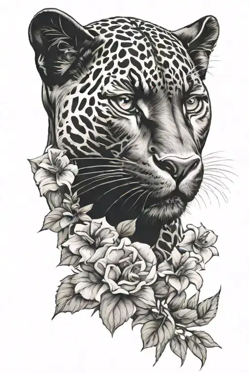 black panther animal, flowers,  tattoo design idea