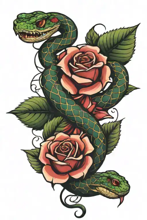 roses and snake intertwined tattoo design idea