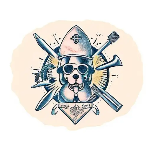 A traditional-style tattoo of a engineer's tools surrounded by children and a dog tattoo design idea