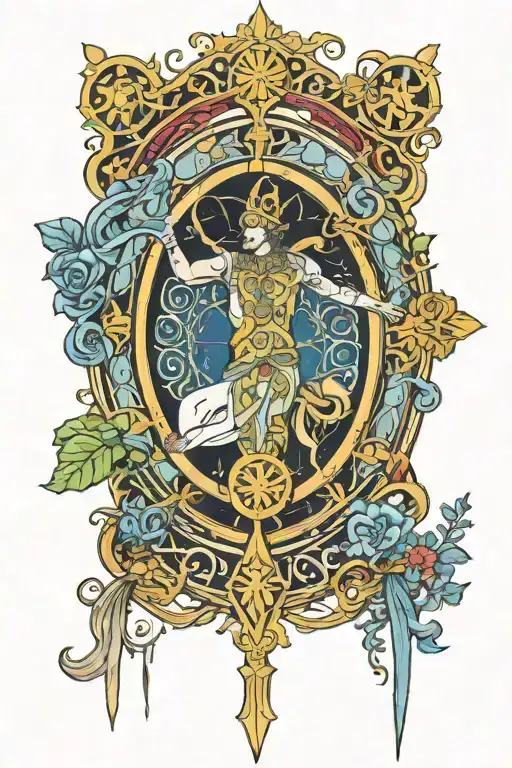 5 tarot cards in an art nouveau styl: The Hanged Man, Wheel of Fortune, Judgment, The Hermit, and Justice, regal color tattoo design idea
