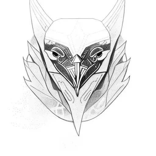 A sleek Raven, adorned with runic inscriptions, gracefully navigating between ancient Viking artifacts and modern geomet tattoo design idea