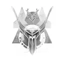 A sleek Raven, adorned with runic inscriptions, gracefully navigating between ancient Viking artifacts and modern geomet tattoo design idea