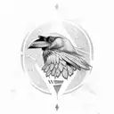 A sleek Raven, adorned with runic inscriptions, gracefully navigating between ancient Viking artifacts and modern geomet tattoo design idea