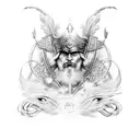 Odin's Raven, resplendent in stylized feathers, intertwines with runes spelling ancient sagas tattoo design idea