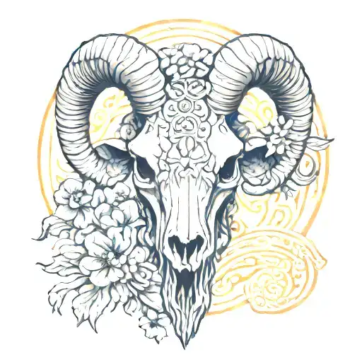 Marco Polo sheep skull surrounded with art nouveau flowers and geometric patterns in the background tattoo design idea