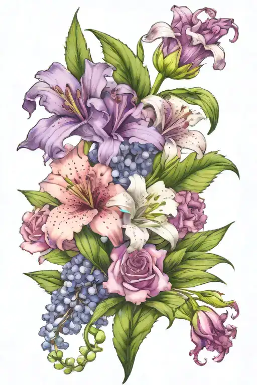 pink Carnation flower, white lily of the valley flower and a purple larkspur flower all together in full color tattoo design idea
