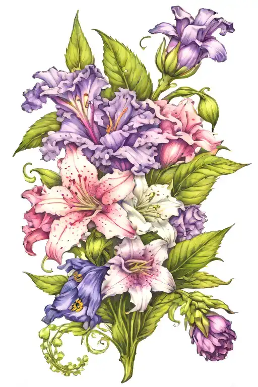 pink Carnation flower, white lily of the valley flower and a purple larkspur flower all together in full color tattoo design idea