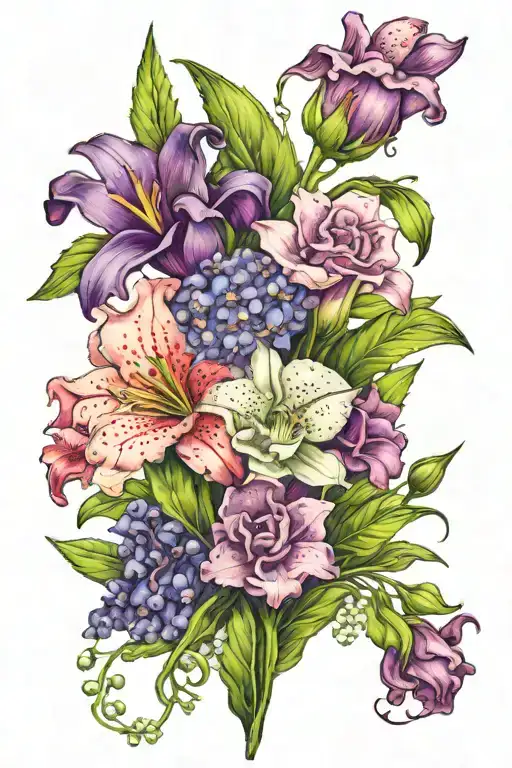 Carnation flower, lily of the valley flower and a purple larkspur flower all together in full color tattoo design idea