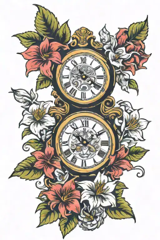 clock wrapped with clematis flowers intertwined tattoo design idea