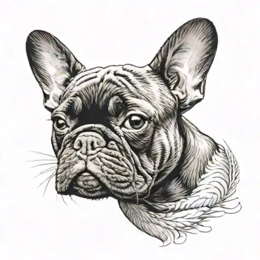 Tattoo with half of the stich's head and the other side with the head of a black French bulldog tattoo design idea