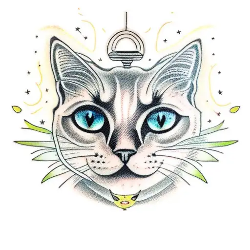 A tattoo of a black cat sitting on a tree branch, gazing at a glowing firefly under a starry sky tattoo design idea