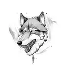 Giant Wolf head biting a man in hald tattoo design idea