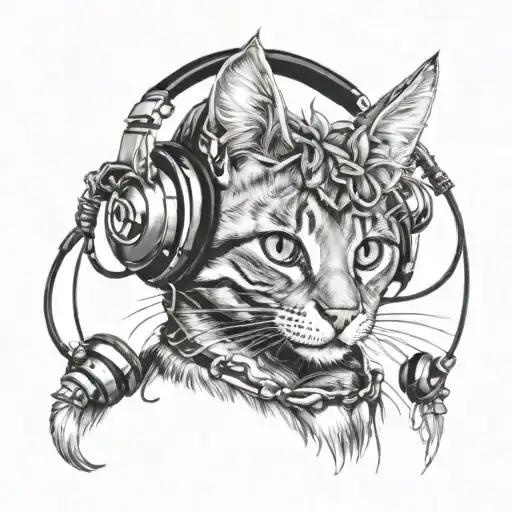 rave party kitten with demon horns and headphones tattoo design idea